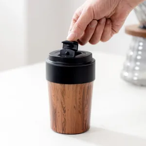 Portable wood grain coffee thermos cup with flip-top lid for travel