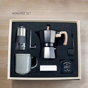 Manual Coffee Grinder Moka Pot Gift Set With Ceramic Mug Coffee Beans Storage Jar Filter Paper And Spoon Matte Coated Coffeeware Kit For Home Office