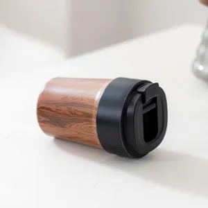 Portable wood grain travel coffee mug with leak-proof lid and vacuum insulation design