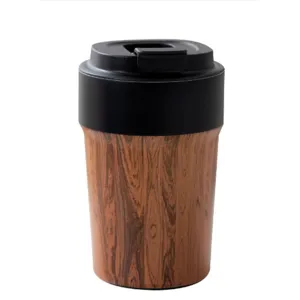 Portable insulated coffee thermos cup with elegant wood grain finish and black flip lid