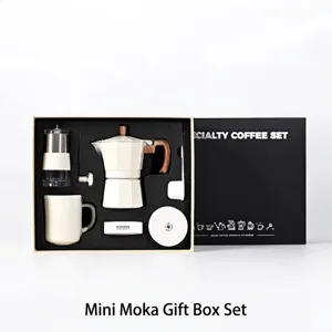 6-piece manual coffee grinder and moka pot gift set in elegant cream white