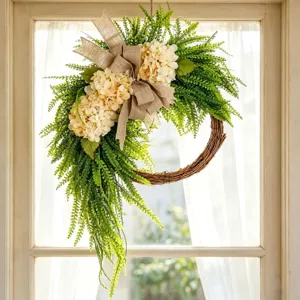 Farmhouse Artificial Hydrangea Wreath With Burlap Bow Front Door Decor Rural Style Simulation Flower Wreath For Home Office