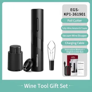 Professional electric wine opener set with foil cutter and vacuum stopper in matte black finish