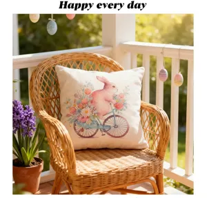 Easter bunny cushion cover placed on a wicker chair on a sunny porch balcony