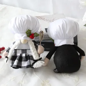 Weihnachten Koch Gnom Plüsch Ornamente Schwarz Weiß Kariert Gesichtslos Puppe Mit Löffel Für Festliche Haus Dekoration