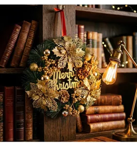 Detailed view of golden luxury Christmas wreath hanging on wooden shelf with warm lamp