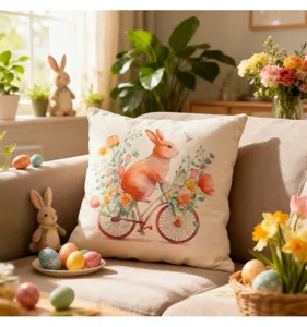 Easter throw pillow cover featuring watercolor bunny on a bicycle lifestyle decor