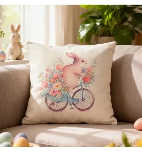 Easter pillowcase featuring a watercolor bunny on a bicycle, placed on a cozy sofa