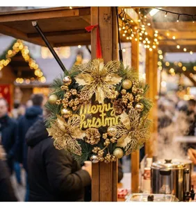 Detailed view of luxury gold Christmas wreath with Merry Christmas greeting.