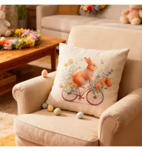 Easter pillowcase detail with cute watercolor rabbit on bike design on a cozy beige armchair