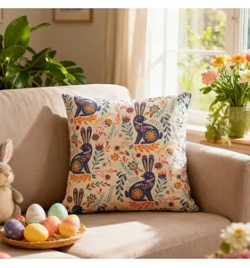 Decorative folk-art style Easter bunny throw pillowcase on a cozy living room sofa