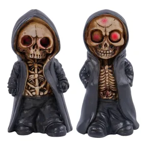 Set of two creative Halloween resin skeleton figurines in black hooded robes decor