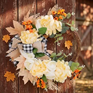 Autumn Artificial Maple Leaf Wreath Front Door Hanging Decoration With Warm Lights Fall Harvest Thanksgiving Decor