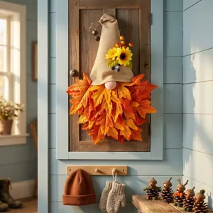 Ghirlanda autunnale a forma di gnomo con foglie d'acero e girasole per decorazioni