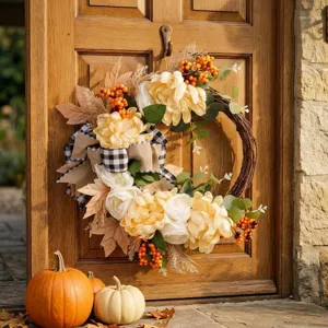 Autumn artificial floral wreath for front door decoration, beautiful harvest home decor.