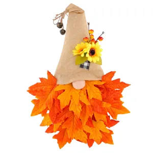 Corona autunnale per porta a forma di gnomo con foglie di acero e girasoli decor.