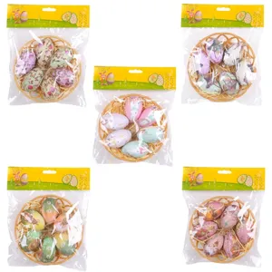 Decorative set of colorful Easter egg ornaments in woven baskets with bunny patterns