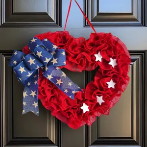 Día de la Independencia de EE. UU. Corona de Corazón con Lazo de Tela y Estrellas Decoración Colgante Roja Azul Blanca