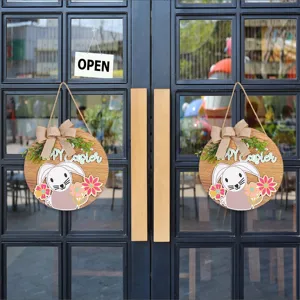 Decorative Easter wooden door sign featuring cute bunny and flowers with Happy Easter text