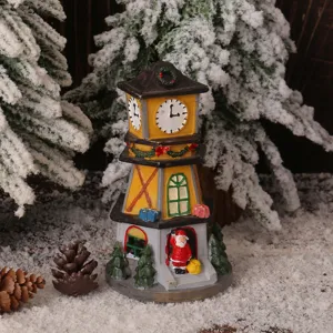 LED lighted Christmas resin clock tower ornament with Santa Claus figurine decor