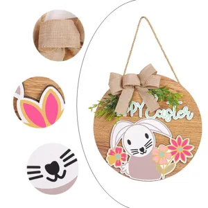 Decorative Easter wooden round door hanging sign with bunny ears and floral accents