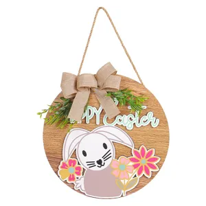Round wooden Easter door hanger with bunny and Happy Easter message