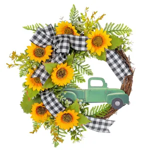 Zonnebloem truck krans deurhanger decoratie met zwart-witte ruit strik voor lente huisdecoratie.