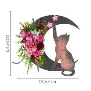 Detailed view of crescent moon cat floral wall decor showing dimensions 33cm by 28cm
