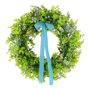 Handmade artificial green leaf wreath with light blue velvet ribbon for home wall decor