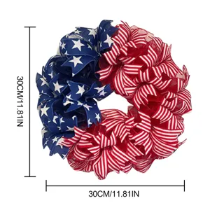 30cm American flag fabric wreath with stars and stripes ribbons for Fourth of July