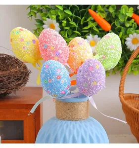 Detail view of colorful floral pattern foam Easter egg picks arranged in a blue vase