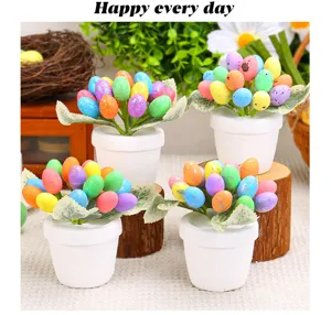 Close-up detail of creative colorful speckled Easter egg potted plants for festive decor