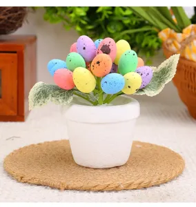 Macro view of colorful speckled Easter egg bonsai in white pot for festive table decor