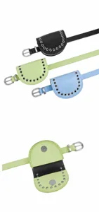 Detail view of fashionable mini waist bags in green, blue, and black with grommet trim