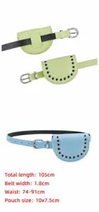 Detailed view of fashionable mini waist belt bags in green and blue with size specifications.