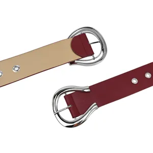 Fashionable wine red women's wide PU leather belt with oversized silver horseshoe buckle