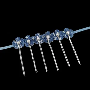 Cinturón de cuerda de mezclilla azul con flores, borlas de diamantes y perlas para vestidos