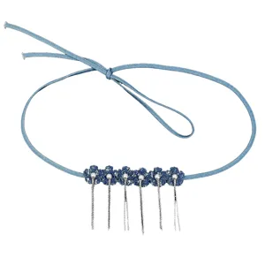 Cinturón de cuerda de mezclilla con flores, borlas de cadena plateada y perlas para vestidos