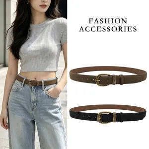 Elegant slim leather belt for women with vintage engraved gold buckle, perfect for jeans