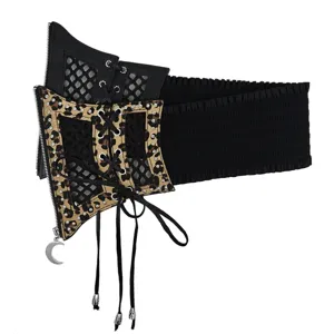 Ceinture corset élastique à imprimé léopard avec empiècements en résille et laçage