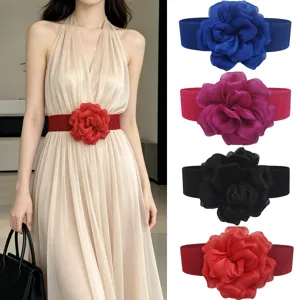 Damen Fashion 3D Blume Elastisch Gürtel Breit Taillengürtel Für Kleider Druckknopf Stretch Taillenband Party Aufführung Dekoration