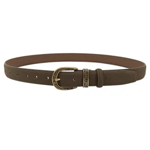 Taupe genuine leather belt for women with decorative antique gold pin buckle