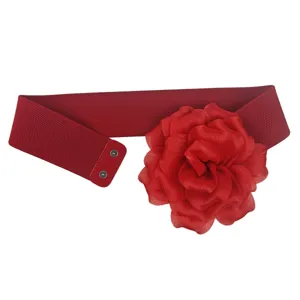 Eleganter roter breiter elastischer Gürtel mit großer 3D-Stoffblume für Damenkleider