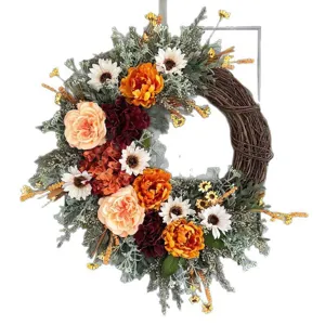 Autumn artificial rose and daisy floral wreath for front door home decor