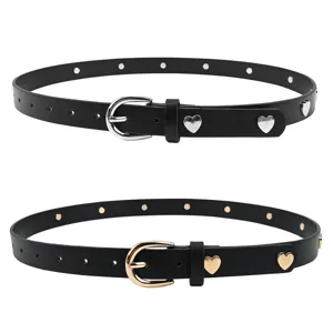 Women Fashion PU Leather Belt Heart Metal Studs Decorative Pin Buckle Waistband For Jeans Windbreaker Coat Accessory