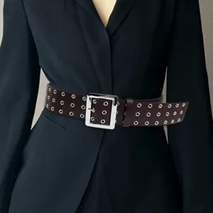 Women Wide Waist Belt PU Leather Triple Eyelet Decorative Cinch Belt For Suits Dresses Silver Buckle Punk Style Waistband