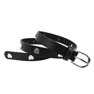 Stylish women's black leather belt featuring silver heart studs and a classic pin buckle.