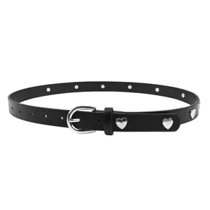 Stylish women's black leather belt with silver heart-shaped studs and classic pin buckle