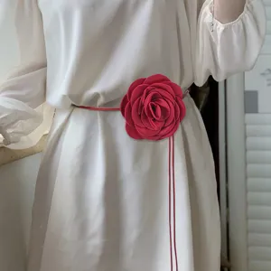 Women Sweet 3D Floral Waist Chain Thin Polyester Braided Rope Belt Elegant Satin Rose Decoration For Dress Dating Party