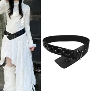 Cintura Larga Retro Western Donna Punk Streetwear Anello in Metallo Patchwork PU Pelle Cinturino Fibbia Gancio Borchiato
